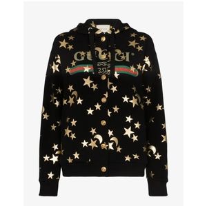 NWOT GUCCI Black Gold Stars Moon Print Hoodie XS Unisex Jacket Logo